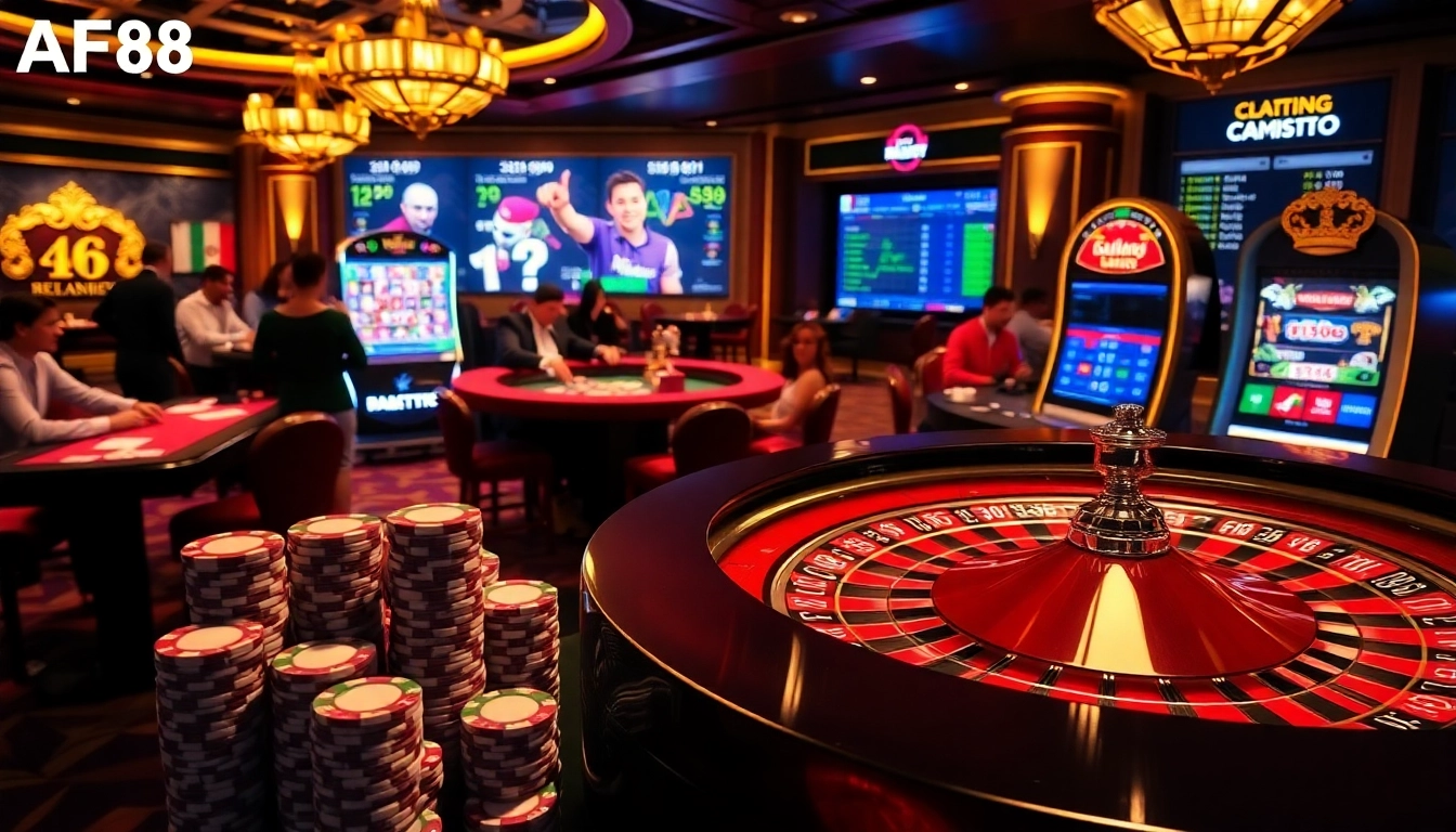 Play to win at AF88's vibrant casino, featuring roulette tables and slot machines.