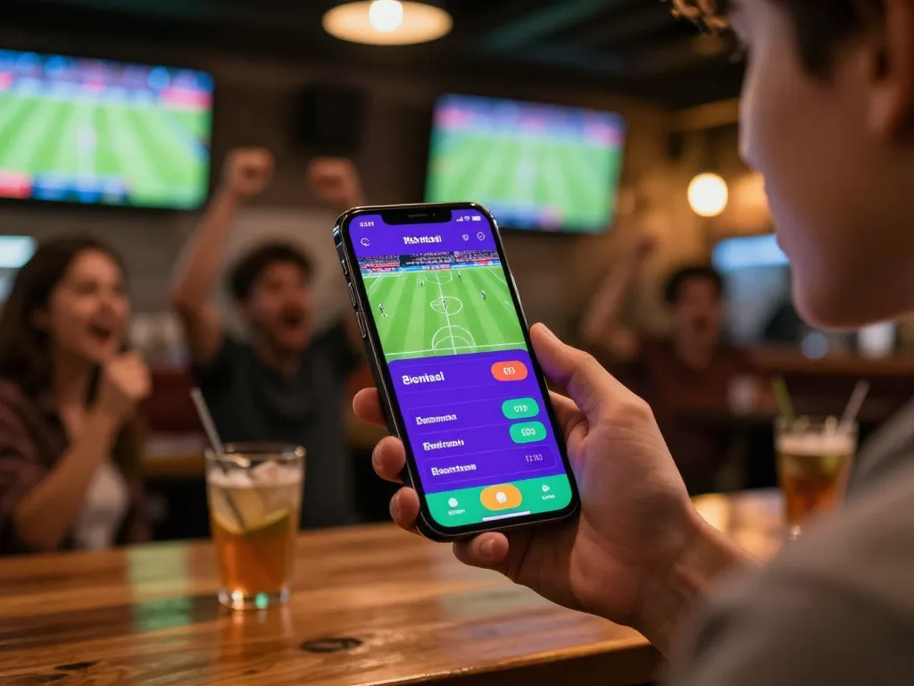 Engaging with keo nha cai odds on a smartphone while enjoying the excitement of sports betting at a lively bar.