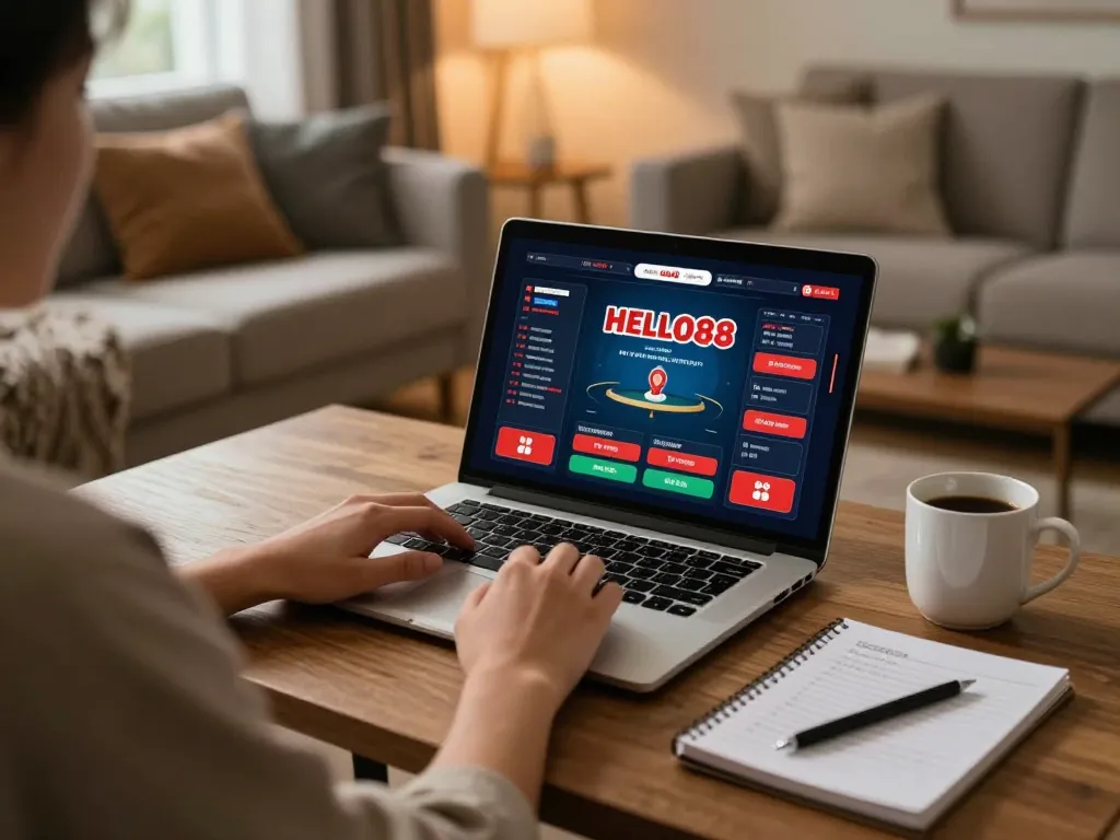 Engaging in an online game at HELLO88 with poker interface visible on laptop
