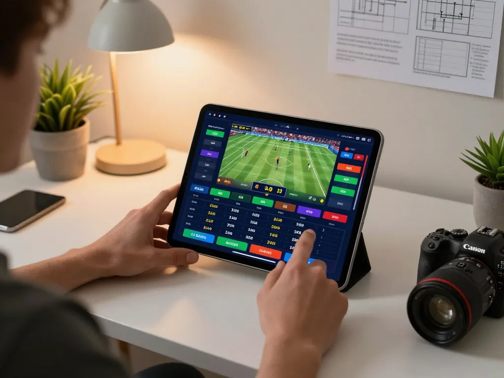 Engaging with the 11bet sports betting app in a cozy home office setup, showcasing live events and betting excitement.