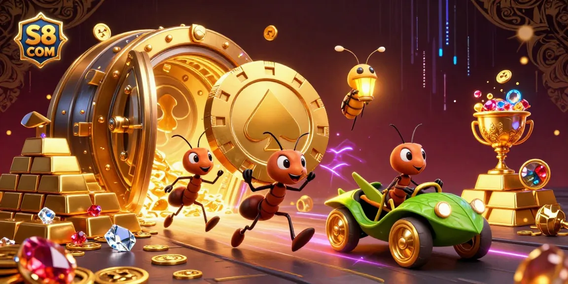 S8 COM showcases a thrilling 3D illustrated scene of ants stealing a giant poker chip in a casino vault.