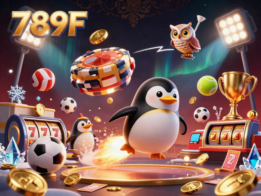 Engage in thrilling gaming at 789F with a vibrant 3D illustration of a penguin blasting through space.