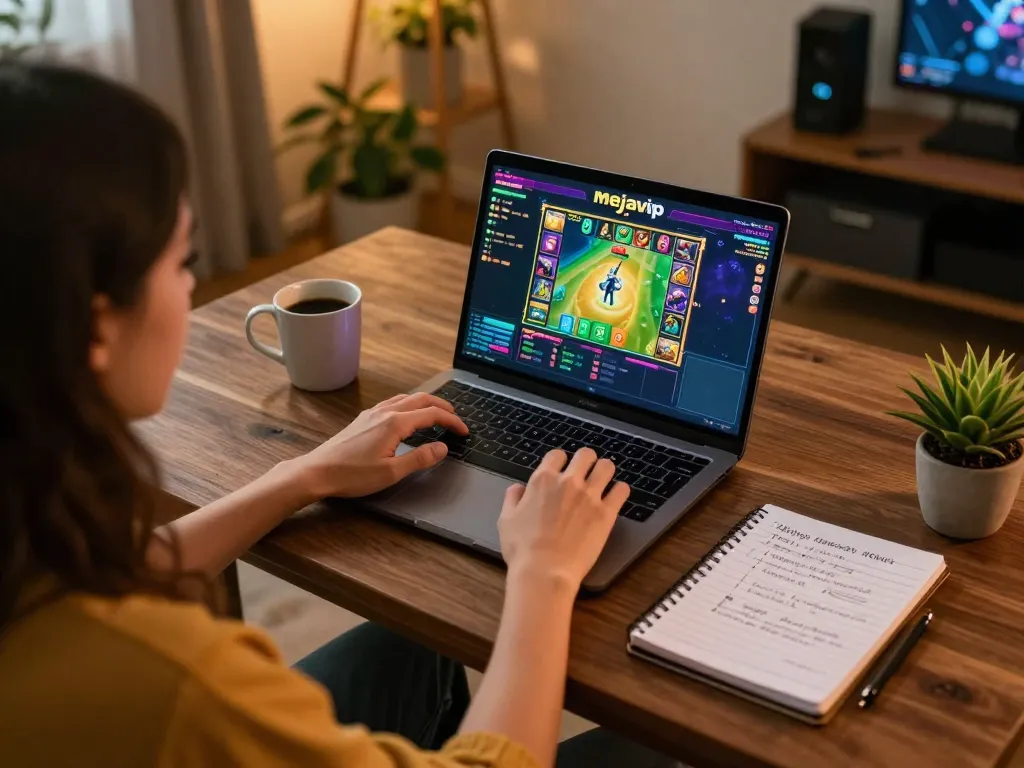 Berkecimpung dalam mejavip slot online di rumah, menampilkan permainan laptop yang hidup dan perencanaan strategis.