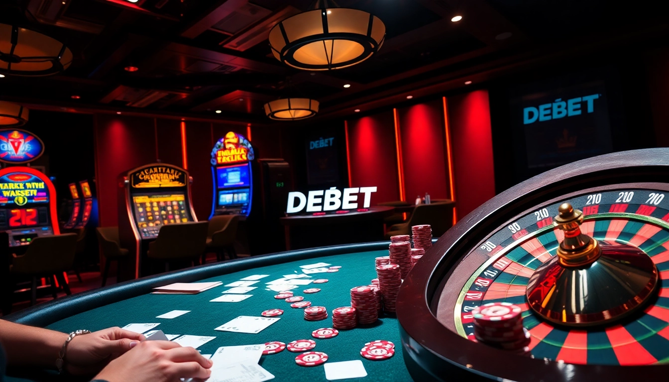 Players enjoying a high-stakes poker game featuring DEBET chips and vibrant casino visuals.