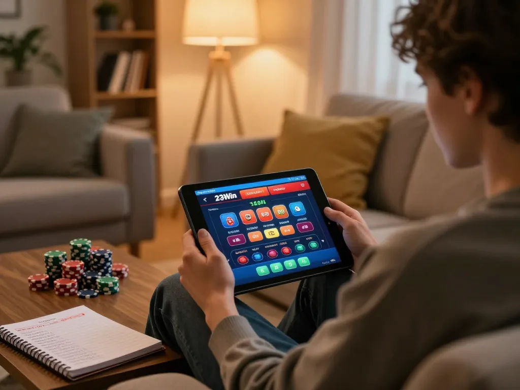 Player strategizing on 23Win interface while enjoying a cozy evening at home.