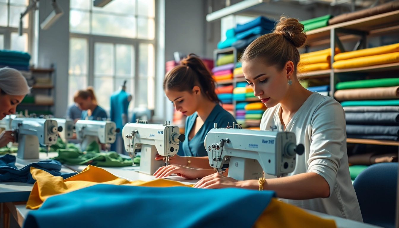 Apparel Manufacturer showcasing skilled artisans sewing vibrant textiles in a bright workshop.