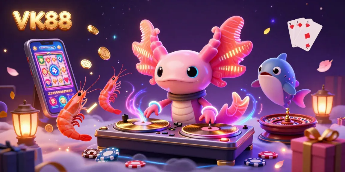 Engage with VK88's vibrant casino scene featuring a neon DJ, dancing shrimp, and dynamic slot games.