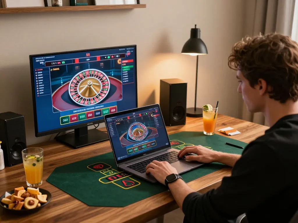 Engaged player enjoying live dealer roulette on okfun in a cozy home setup with snacks.