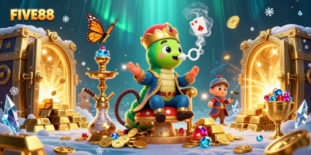 Experience the thrilling world of FIVE88 with a vibrant casino illustration featuring games and rich treasures.