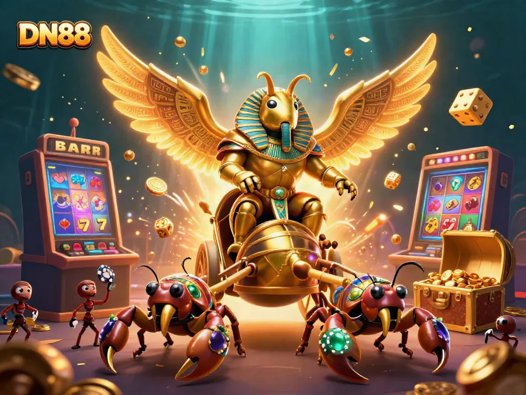 Experience the excitement of DN88 with a vibrant casino-themed 3D illustration showcasing thrilling game elements and vibrant characters.