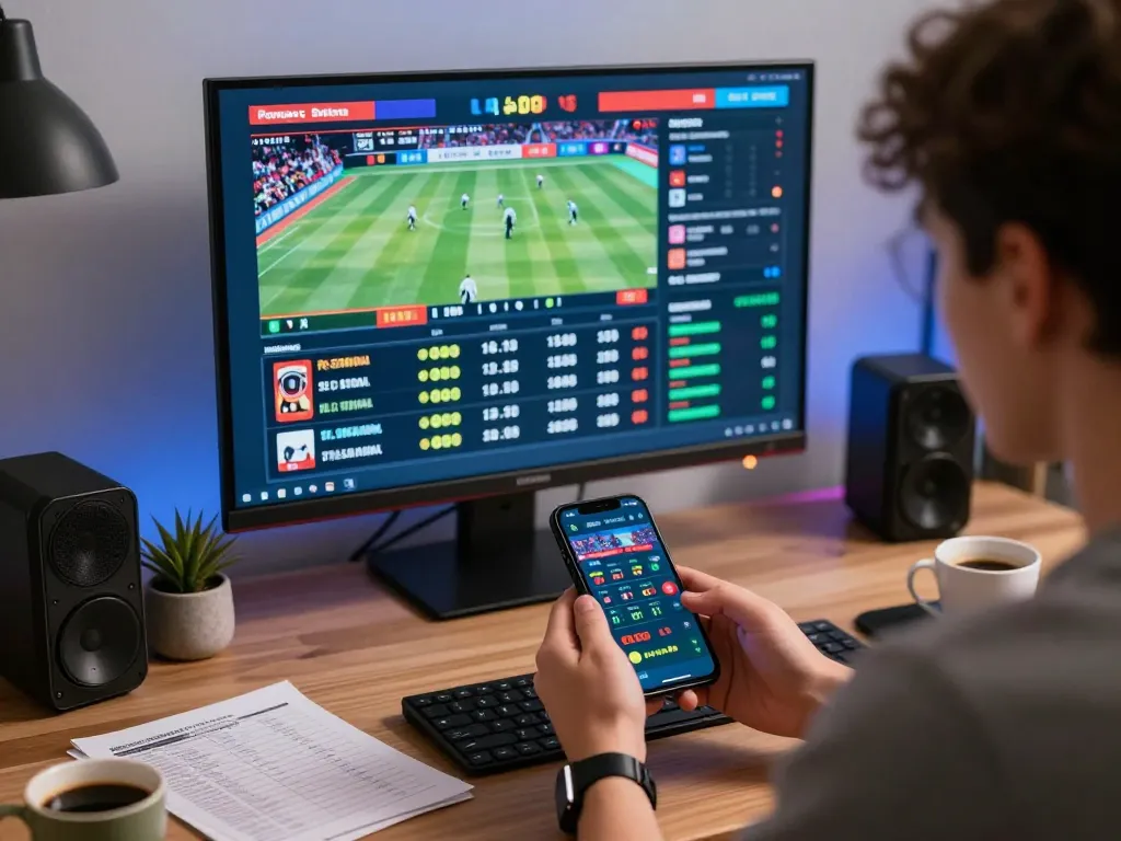 Engaged user placing live bets on keonhacai sports betting app from home workspace.