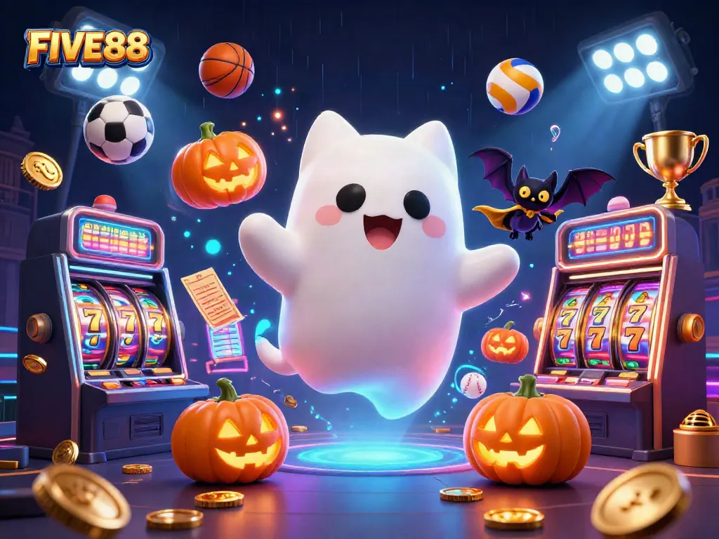 Engage in thrilling fun with FIVE88, a vibrant 3D casino scene featuring ghost cats and slot machines.