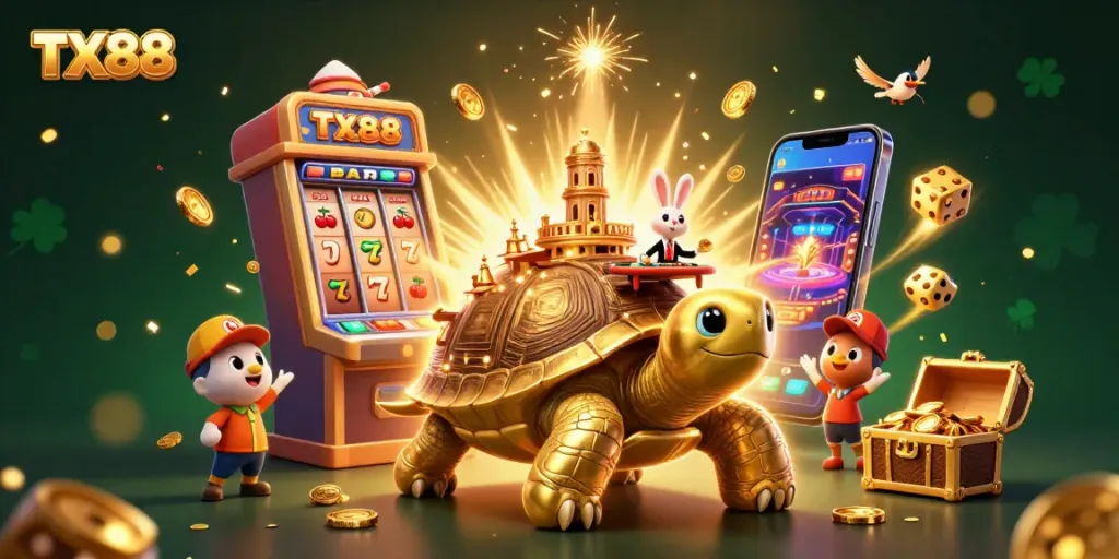Experience the excitement of TX88 with a vibrant, animated golden tortoise casino scene full of prizes and colorful game elements.