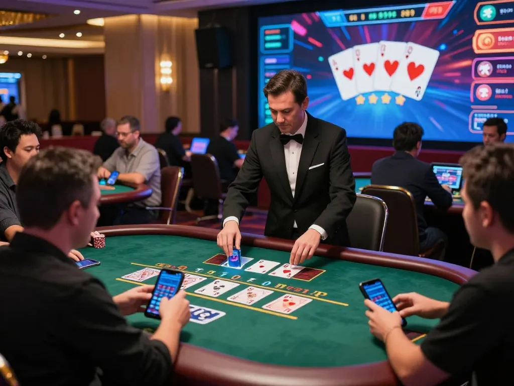 Players engaging in an exciting live dealer blackjack game online with HZ88, showcasing a vibrant casino atmosphere.