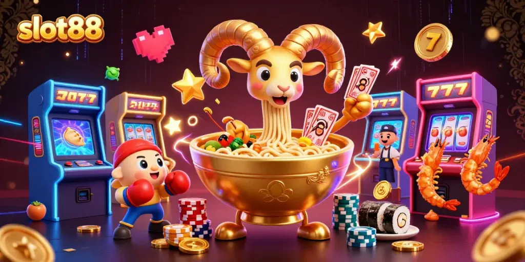 Engage with slot88 thrills in a vibrant, energetic casino scene filled with animated characters.