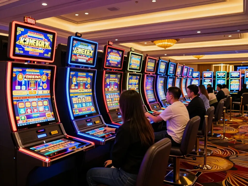 Players enjoying vibrant slot machines at LC88 casino, showcasing gaming excitement and thrilling atmosphere.