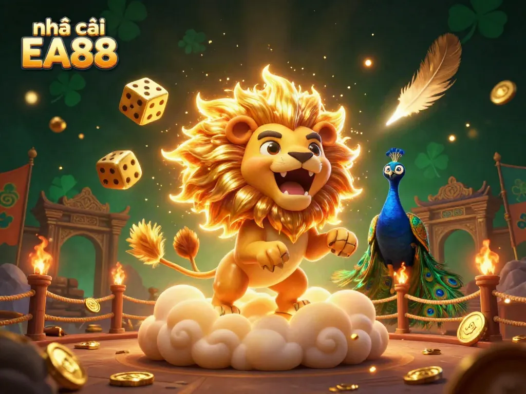 Join the thrilling world of nhà cái EA88 as a roaring sun lion and golden dice set the scene for exciting gameplay.