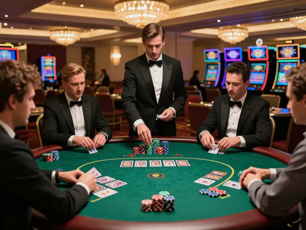 Players strategizing at a high-stakes poker table in a luxurious casino, featuring sc88 gameplay excitement.
