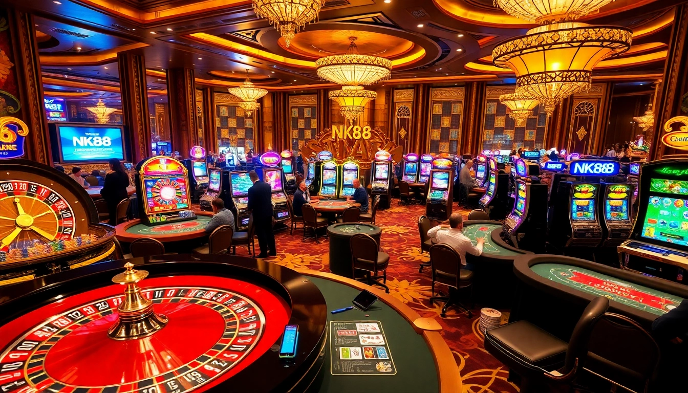Enthusiastic gamblers enjoying high-stakes action at NK88 casino tables.