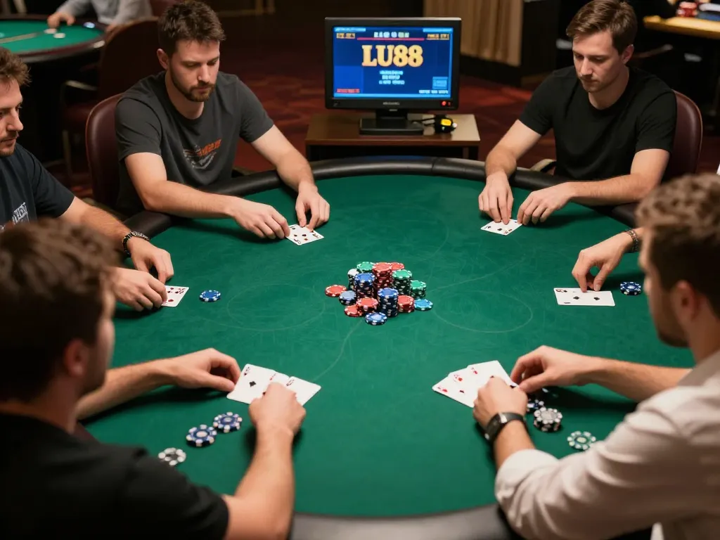 Players strategizing their next moves at LU88 poker table online.