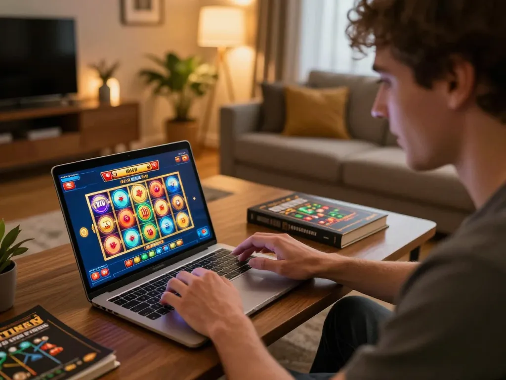 Engaging with 789 bet mobile app, spinning reels in a cozy home gaming setup.