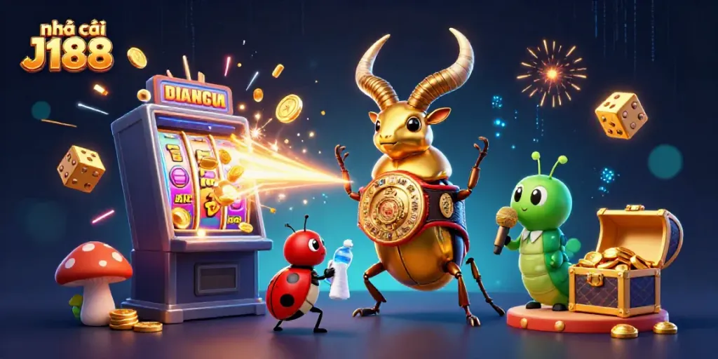 Experience the vibrant and dynamic world of nhà cái J188 through this immersive 3D casino illustration showcasing engaging characters, slot machines, and a jackpot explosion.