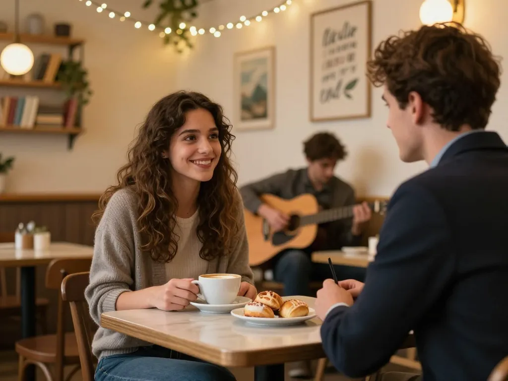 Young woman in café subtly glancing at someone she has a crush on, with cozy ambiance.