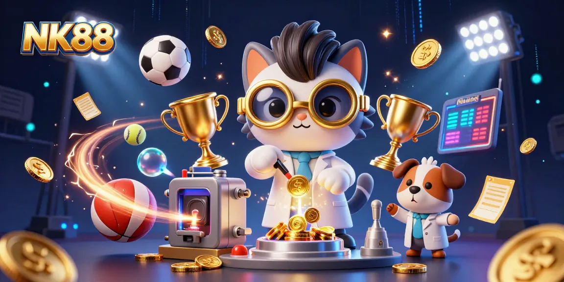 Experience thrilling action at NK88 with a mad scientist cat and loyal dog in a dynamic gambling scene.