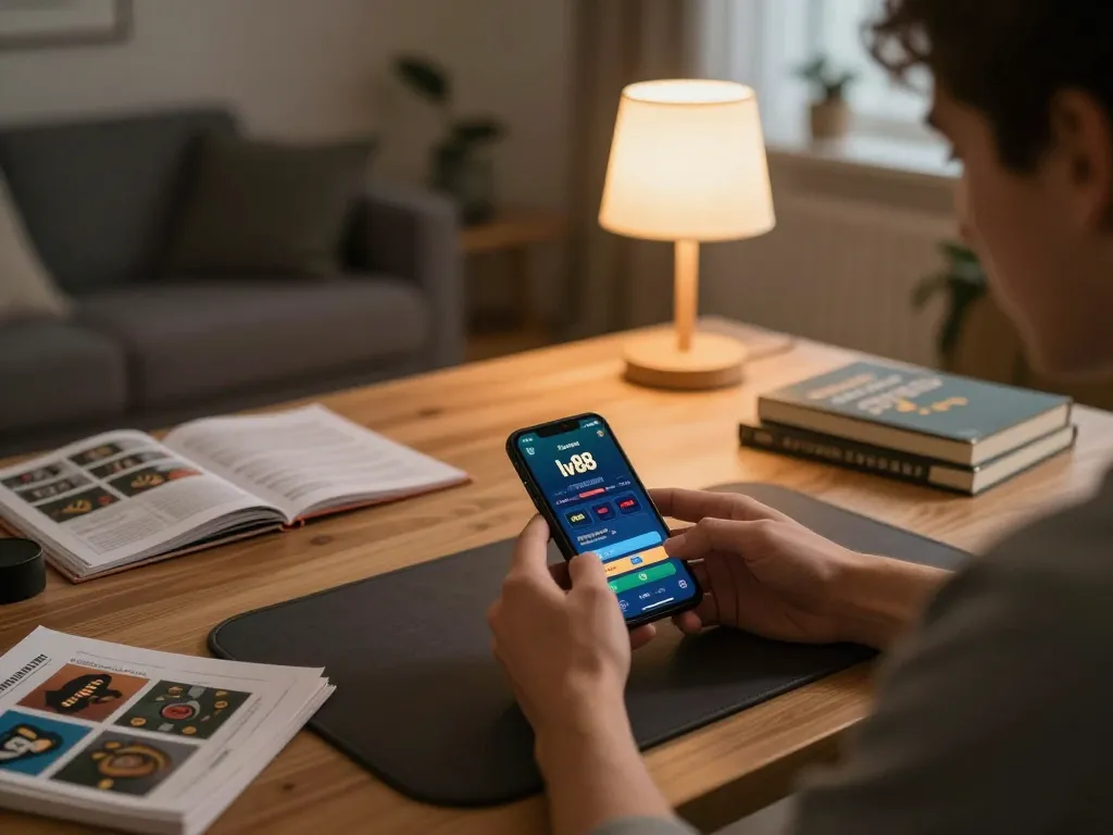 Engaged player using the lv88 app on a smartphone in a cozy home setting for online gaming