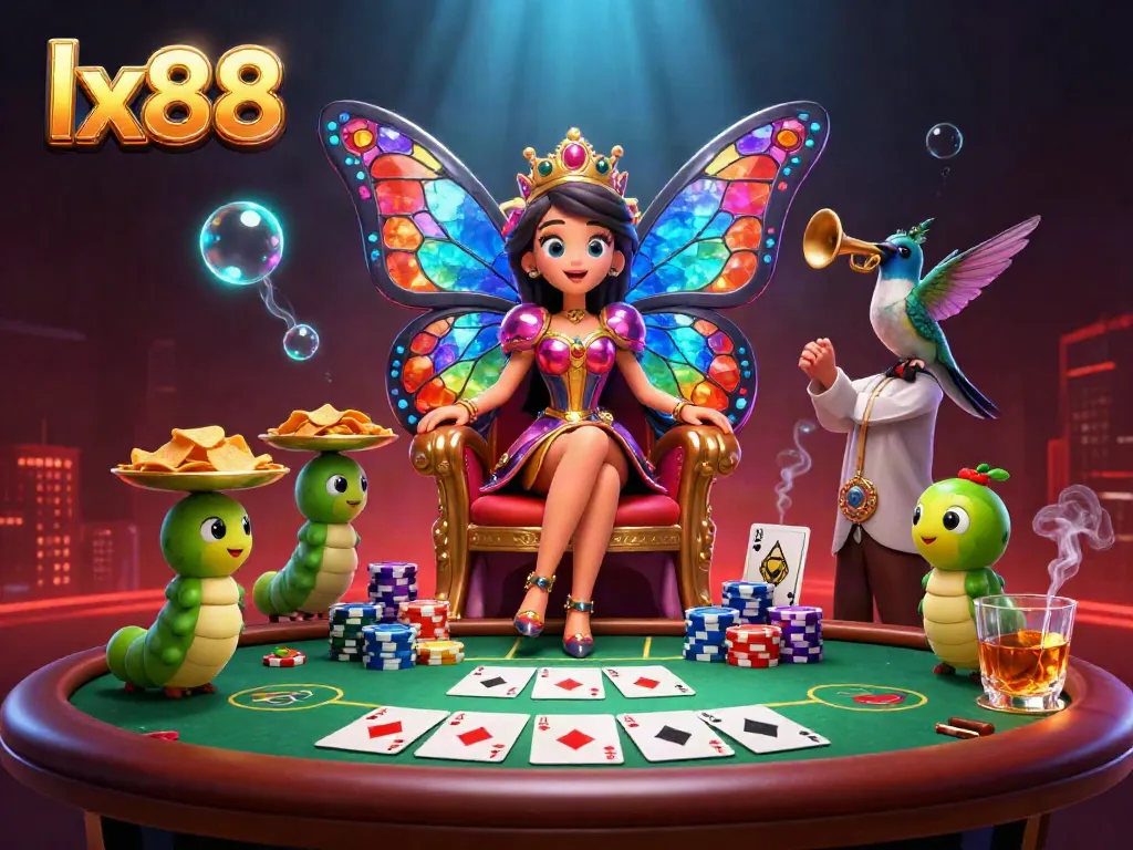 Experience exciting gameplay at lx88 with a vibrant 3D casino illustration featuring a butterfly queen, poker elements, and dramatic details.