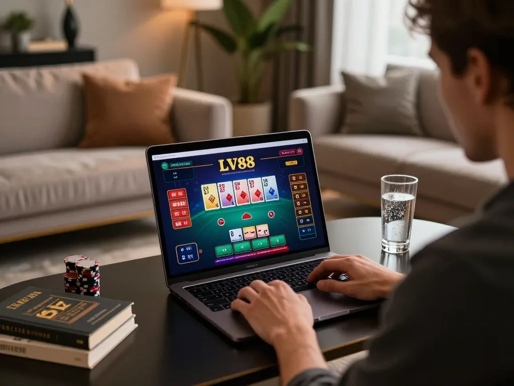 Player engaging with LV88 live dealer game on a sleek laptop in a stylish home gaming setup