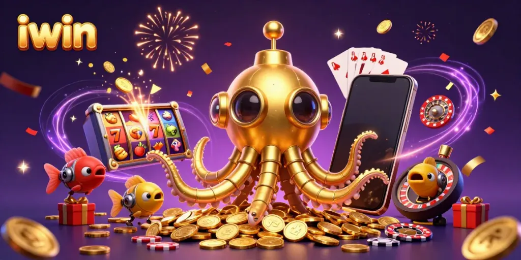 Win big with iwin's festive casino adventure featuring a golden kraken and vibrant slot games.