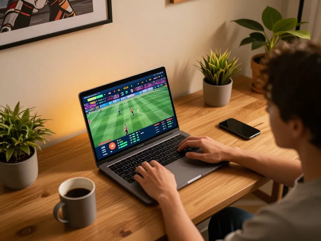 This scene of sports betting illustrates how to engage with https://www.mnm88.com/ using a laptop in a stylish home setting.