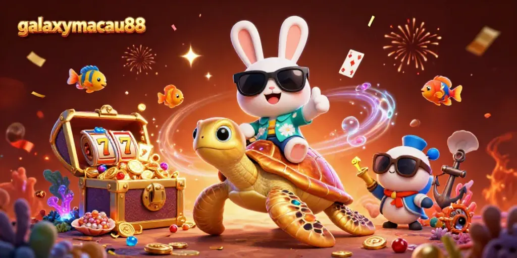 Experience thrilling 3D casino adventure at galaxymacau88 with lucky rabbit and golden turtle amid slot machines and treasures.