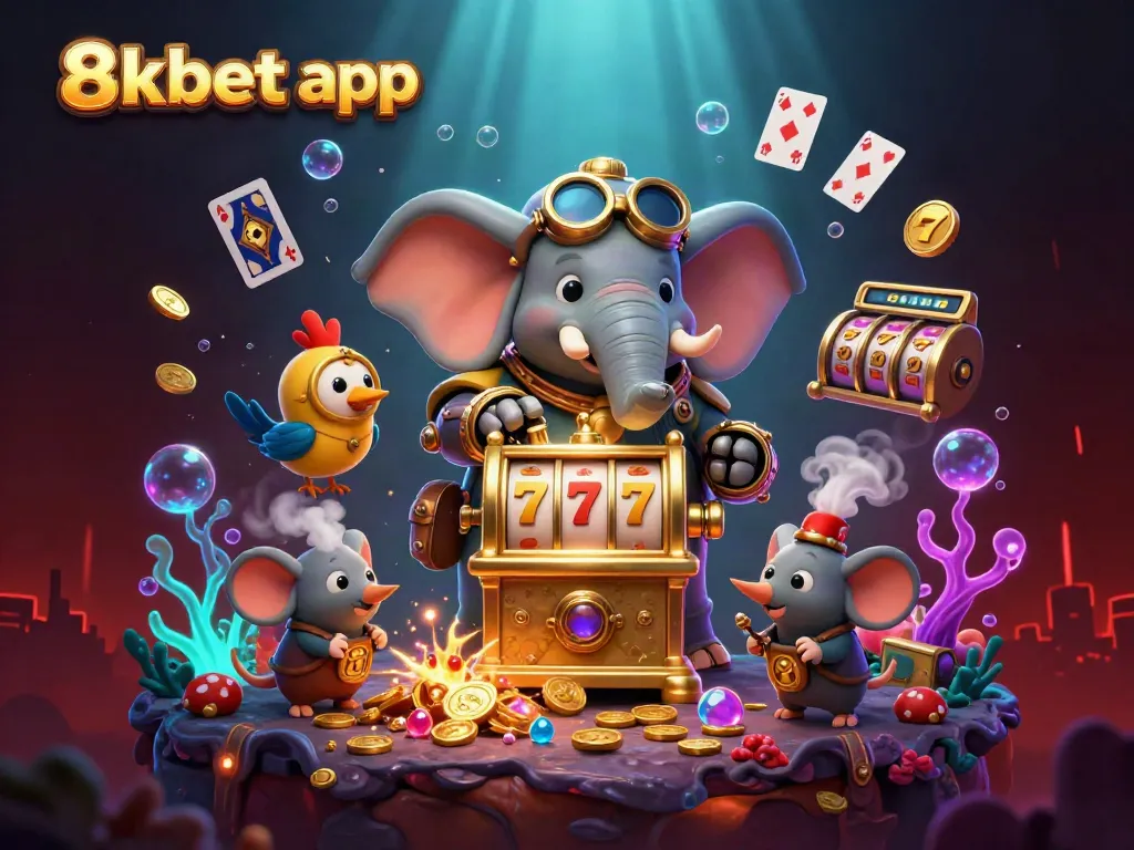 Experience the excitement of the 8xbet app with a whimsical steampunk elephant and golden slot machine.