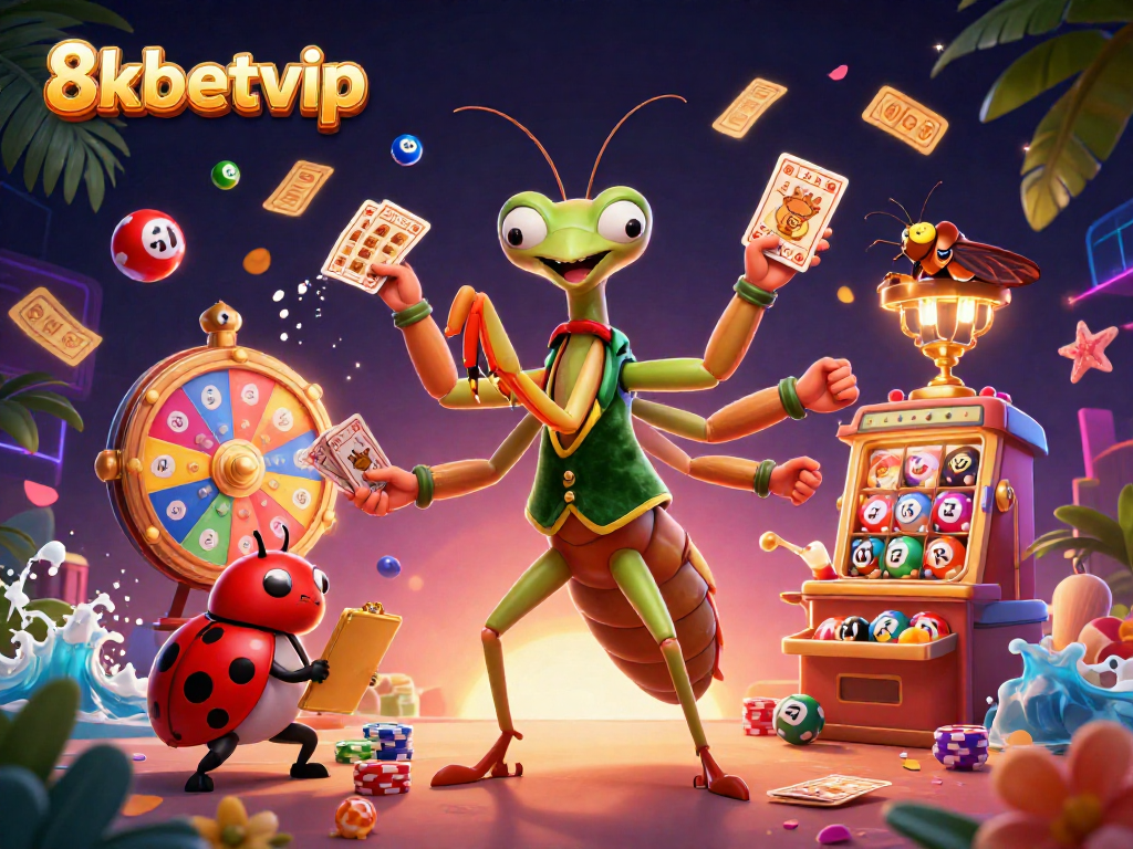 Engage with the vibrant world of 8kbetvip as a giant praying mantis card sharp and a ladybug pit boss bring the casino to life amidst colorful lottery balls and golden prizes.