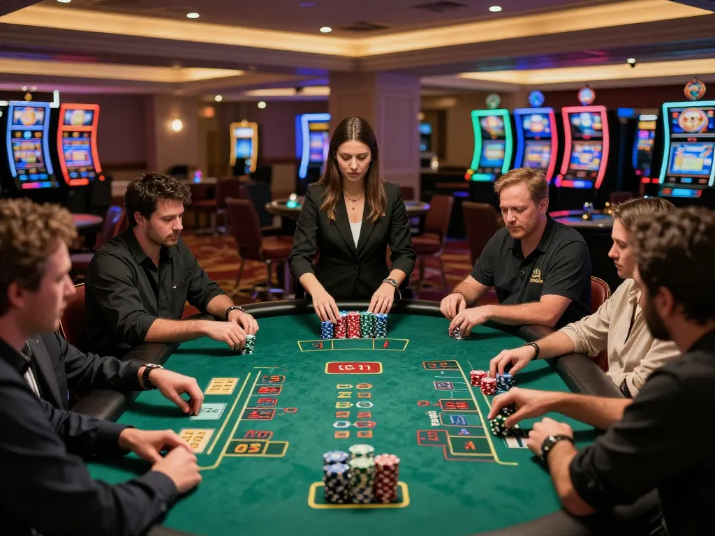 Players engaging strategically at a blackjack table in a luxurious casino, vb88 gaming experience