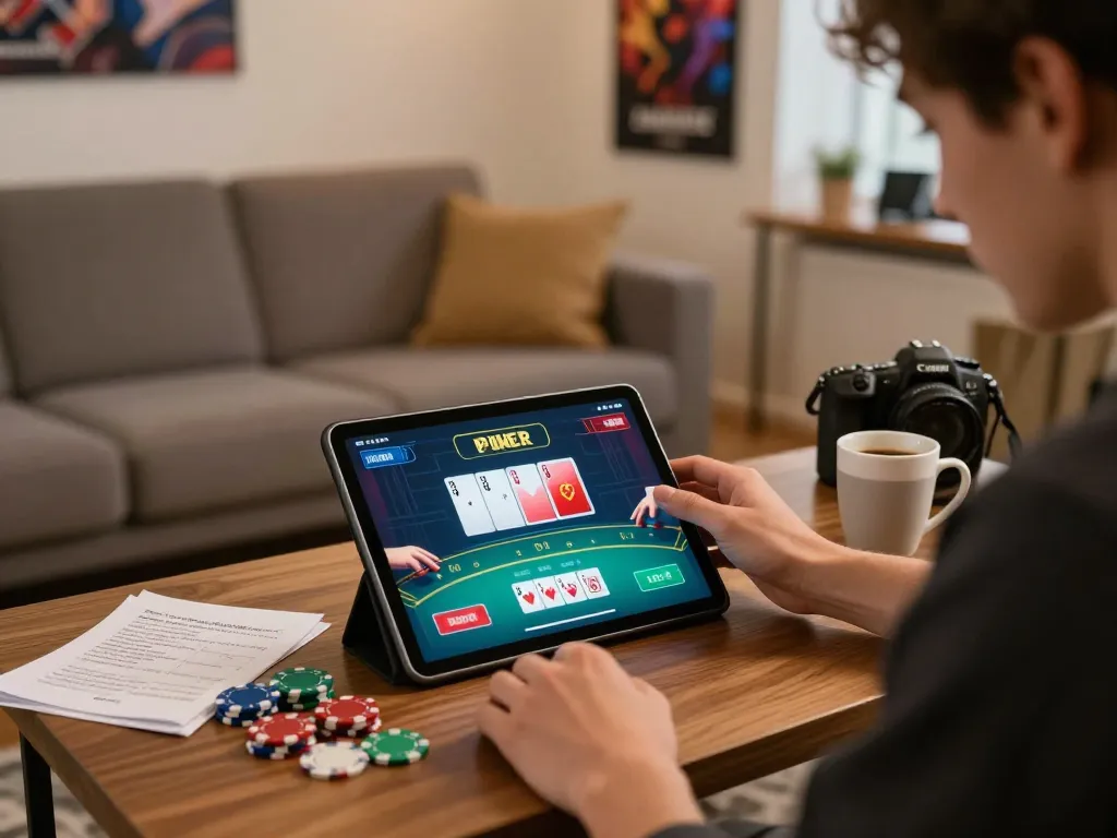 Engaging session on bet88vn where a player analyzes poker strategies on a tablet in a cozy home setting.