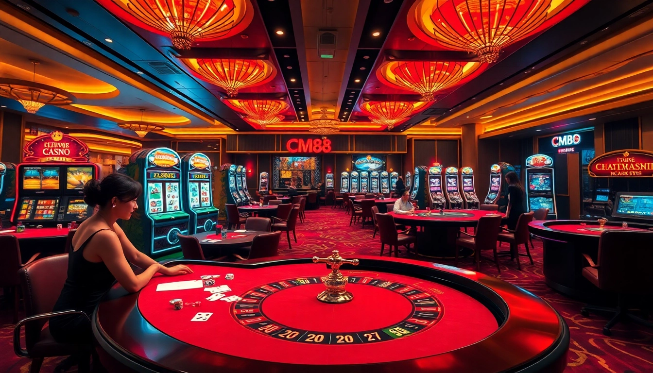Exciting casino scene featuring luxurious CM88 gaming tables and vibrant slot machines.