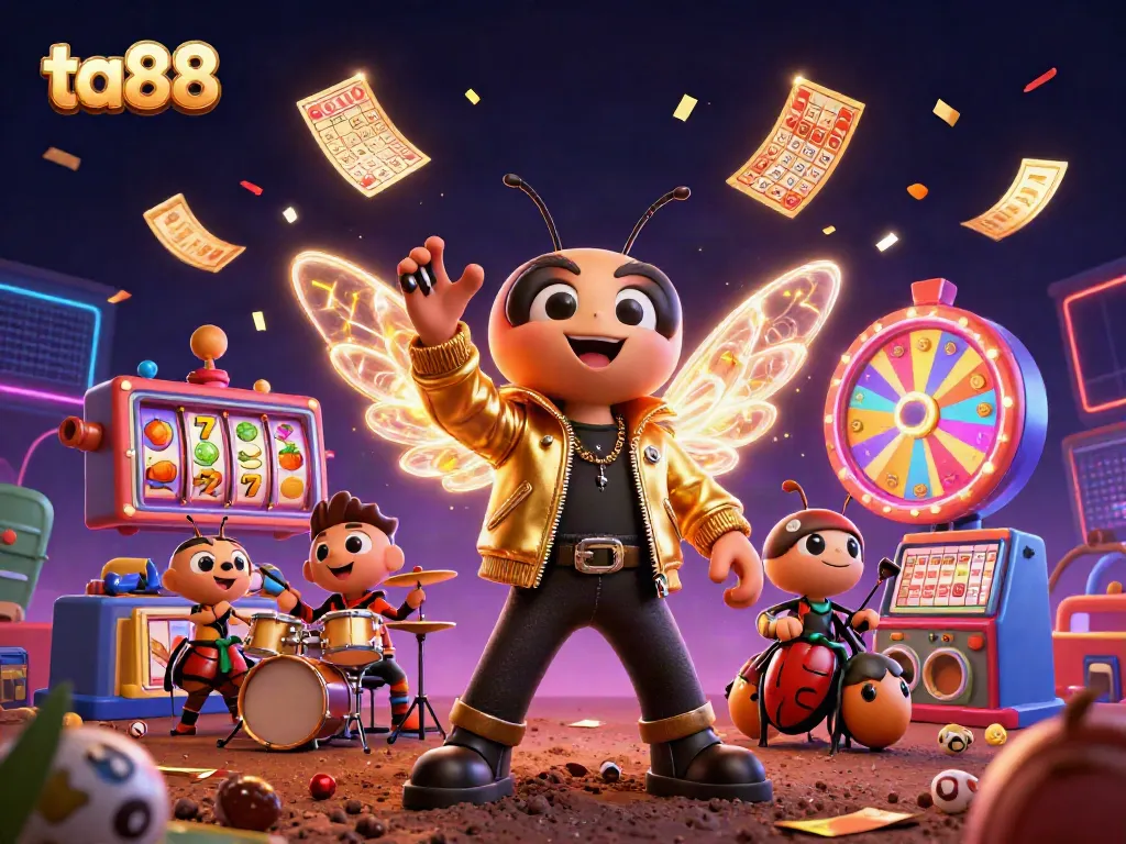 Engage in thrilling gameplay at ta88 with a vibrant scene featuring a cicada rock star and a lively casino atmosphere.