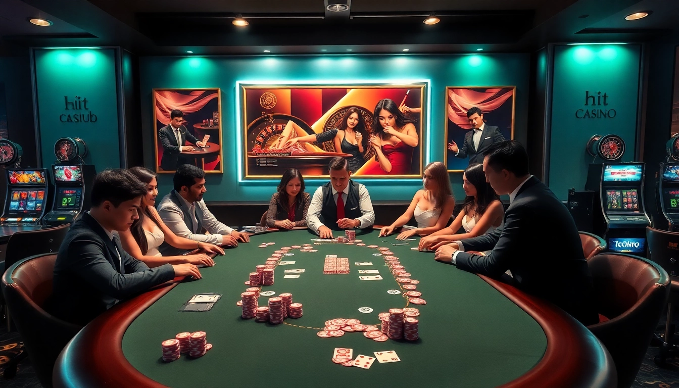 Players enjoying high-stakes poker at hitclub com casino, surrounded by vibrant chips and cards.