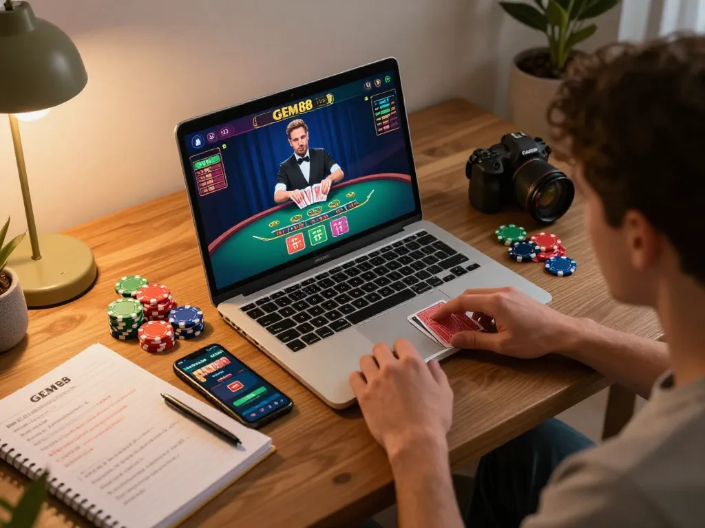Watch GEM88's exciting live blackjack action as a player strategizes with laptop bets and colorful chips.