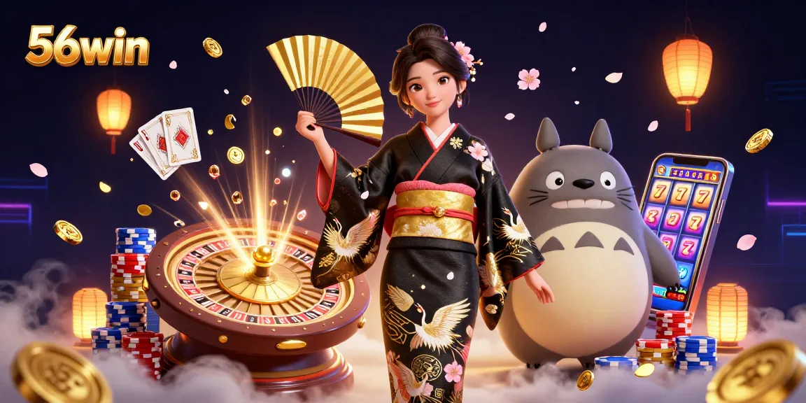 Engage in thrilling gameplay with 56win's vibrant casino atmosphere featuring a graceful woman and playful tanuki.