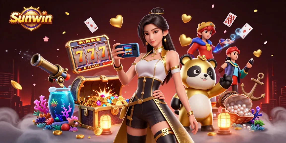 Engage with Sunwin's exciting gaming experience, featuring a vibrant scene of slots and a dynamic mascot.