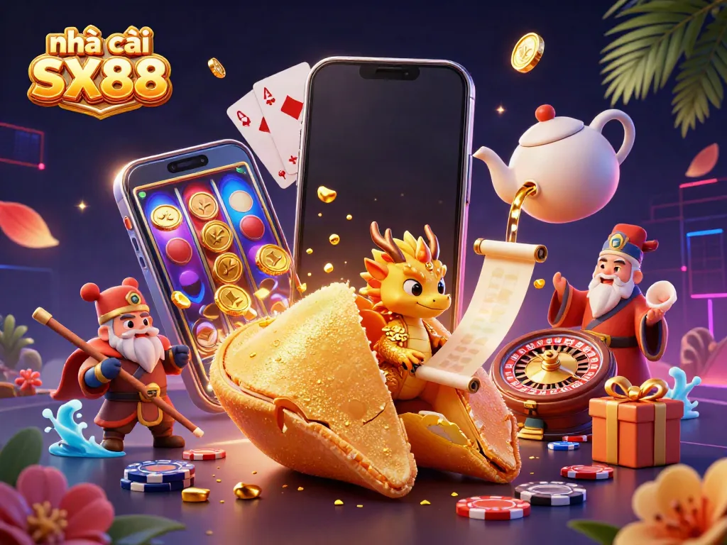 Experience vibrant gameplay at nhà cái SX88 with a wise dragon guiding fortune in a colorful casino scene.