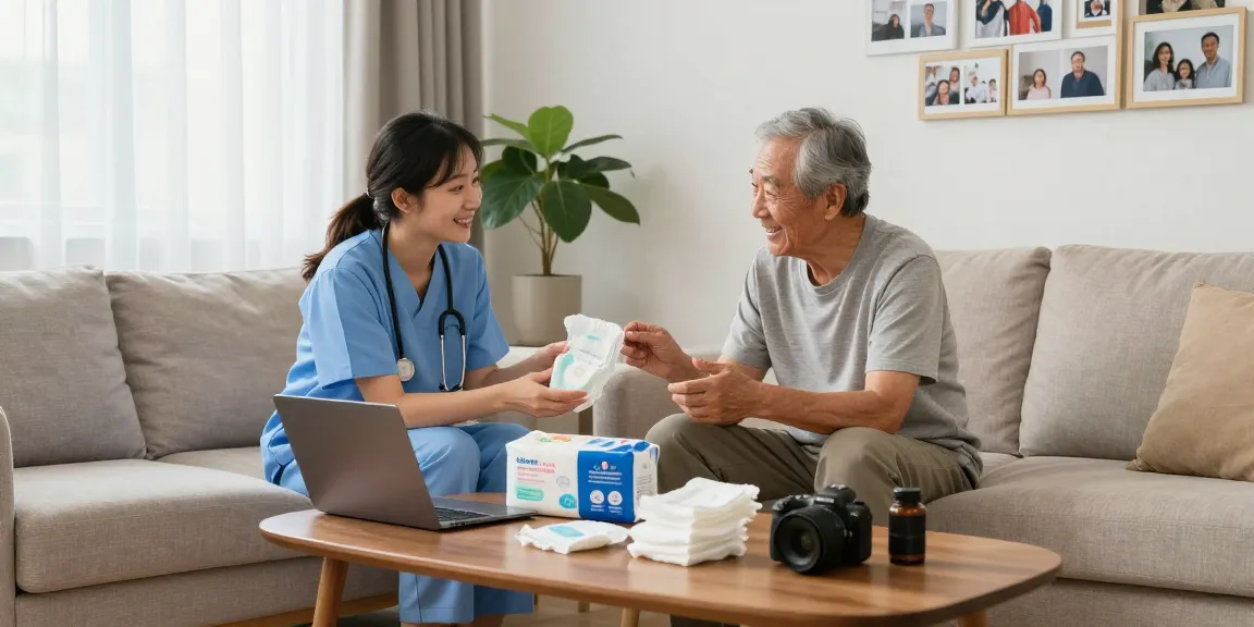 Caregiver assisting elderly person with incontinence supplies, showcasing comfort and trust in a home setting.