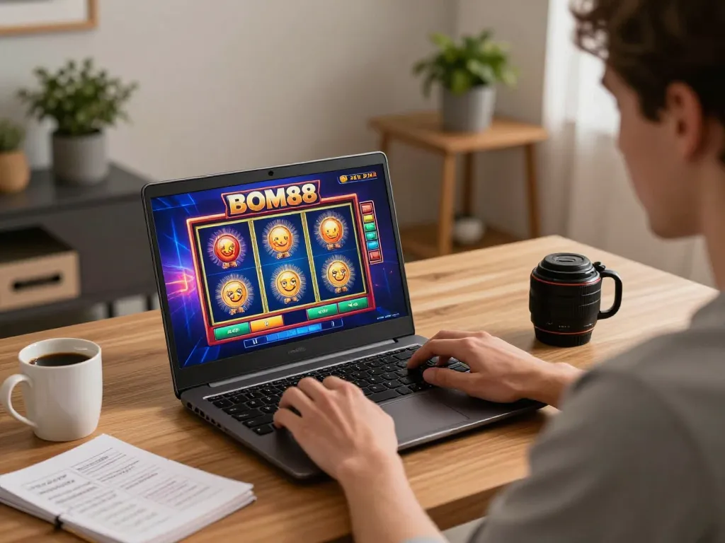 BOM88 player engaged in a thrilling online casino game from a modern home setup with a vibrant screen.