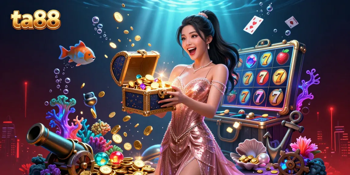 Experience thrilling wins at ta88 with a joyful Asian woman unveiling treasures in a vibrant casino scene.
