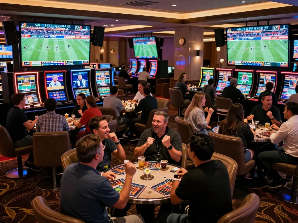 Engaging sports betting atmosphere at rikbet lounge with excited patrons and live event screens