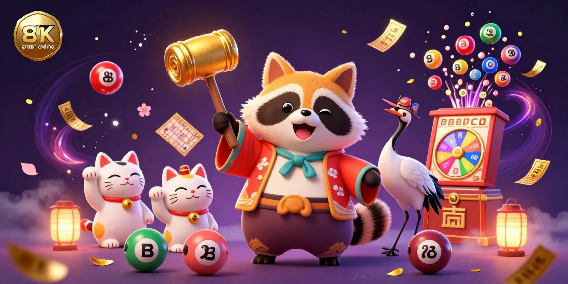 Participate in craps online with a festive scene featuring a tanuki, cranes, and fortune cats surrounded by lottery elements.